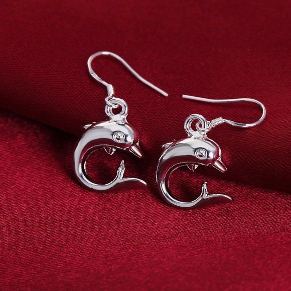 Cute Little Dolphin Drop Earrings " Hypoallergenic " Solid Sterling Silver - Picture 4 of 6